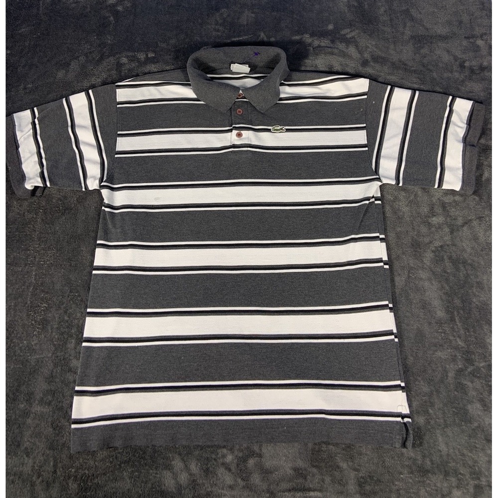 Lacoste Striped Grey White Polo Short Sleeve Shirt Men's Size 7